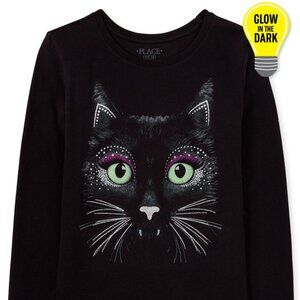 The Childrens Place Girls Glow Black Cat Graphic Tee Small 5/6 Long Sleeve NWT